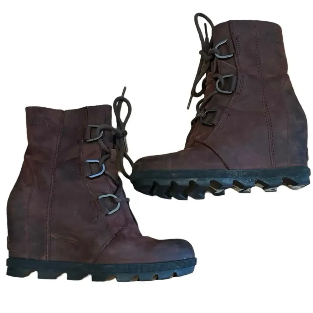 SOREL Joan of Artic Woman's Pull On Lace Up Suede Wedge Boots Sz 6 Cattail shoes - Picture 2 of 8